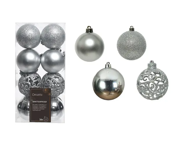 Cutie cu 16 globuri asortate Silver Mix, Decoris, plastic, argintiu