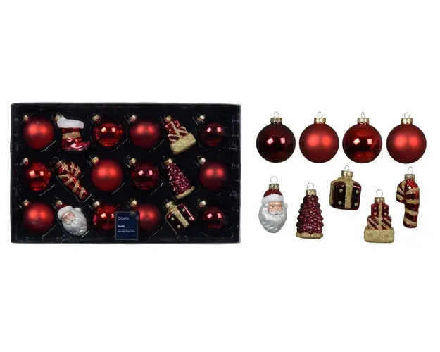 Cutie cu 18 globuri asortate Classic Romance, 4.3x3.8x6.3 cm, Decoris, sticla, rosu