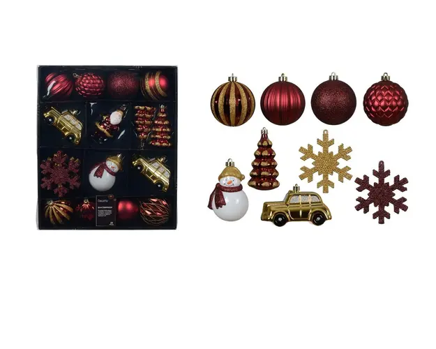 Cutie cu 25 de globuri, Decoris, plastic, rosu/auriu