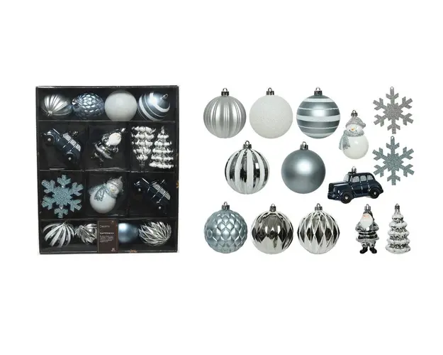 Cutie cu 25 globuri asortate Winter mix, Decoris, plastic, albastru/alb