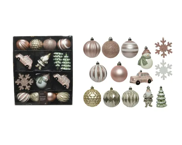 Cutie cu 25 globuri asortate Winter mix, Decoris, plastic, roz/verde