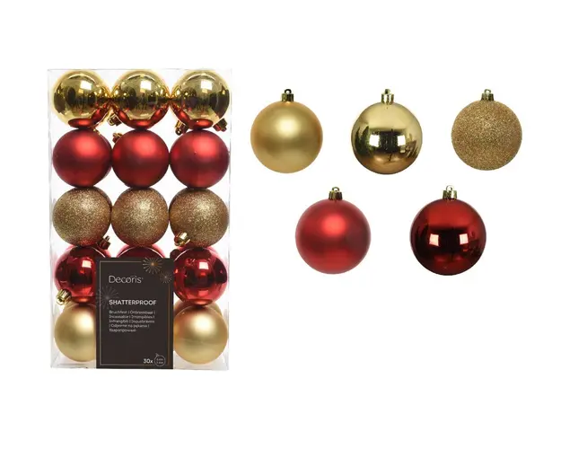 Cutie cu 30 globuri asortate Baubles, Decoris, 6 cm, plastic, rosu/auriu