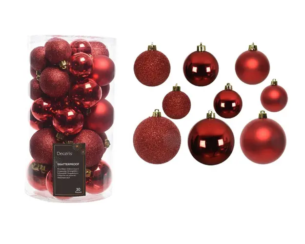 Cutie cu 30 globuri asortate Kerstrood Mix, Decoris, plastic, rosu