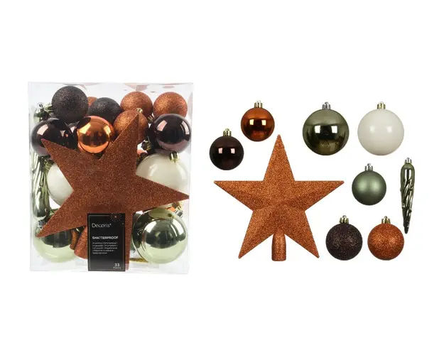 Cutie cu 33 globuri asortate si varf de brad Mixed Star Christmas, Decoris, plastic, multicolor