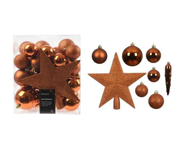 Cutie cu 33 globuri asortate si varf de brad Star Christmas, Decoris, plastic, galben