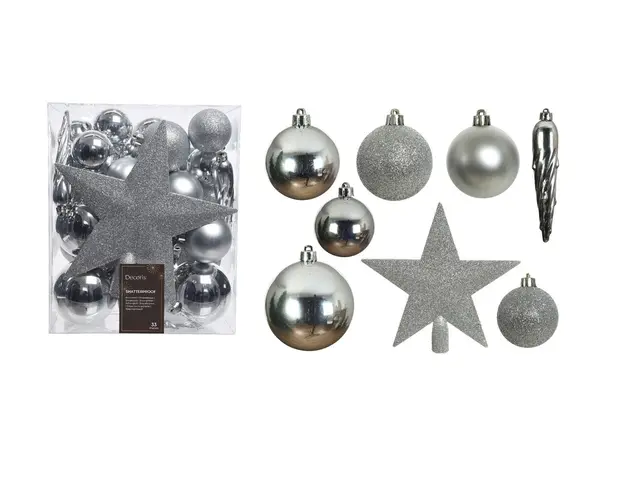 Cutie cu 33 globuri asortate si varf de brad Star, Decoris, plastic, argintiu