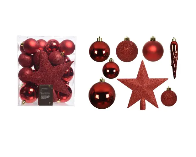 Cutie cu 33 globuri asortate si varf de brad Star, Decoris, plastic, rosu
