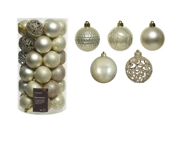 Cutie cu 37 globuri Champagne mix, Decoris, plastic, sampanie