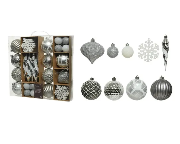 Cutie cu 50 globuri asortate Silver mix, Decoris, plastic, alb/argintiu
