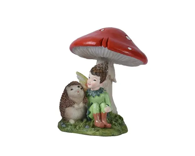 Decoratiune Boy and hedgehog under mushroom, Decoris, 14.5x12.5x15 cm, polirasina, multicolor