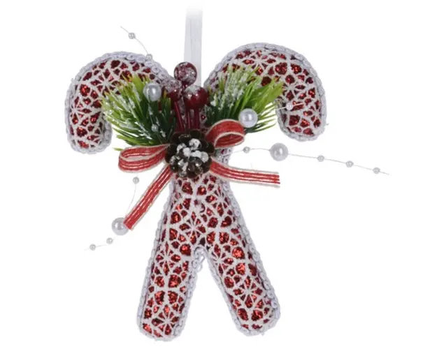 Decoratiune Candy w canvas pattern, 11x4x12 cm, poliester, rosu/alb