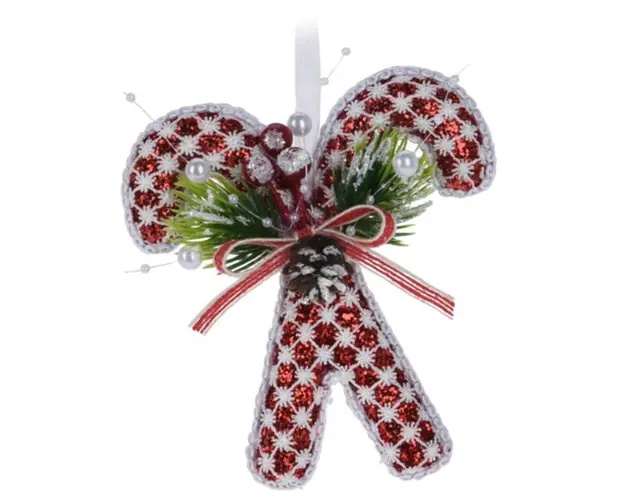 Decoratiune Candy w snowflake, 11x4x12 cm, poliester, rosu/alb