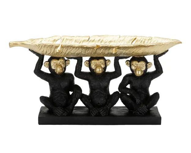 Decoratiune cu platou, Monkey Trio, Mauro Ferretti, 43 x 15.7 x 20 cm, polirasina, negru/auriu