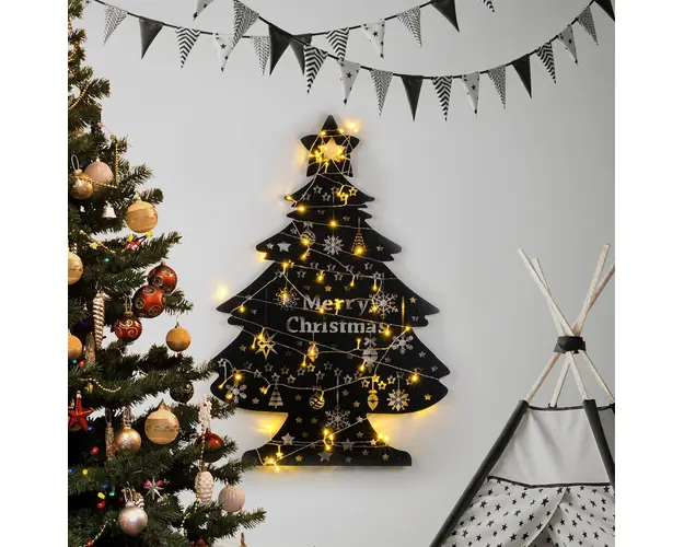 Decoratiune luminoasa de perete Christmas Tree, Tanelorn, 70x100 cm, metal, cu baterii, negru