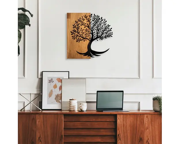 Decoratiune de perete, Lime Tree, Lemn/metal, Dimensiune: 58 x 58 cm, Nuc / Negru