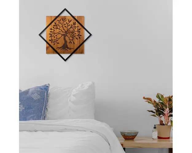 Decoratiune de perete, Tree, 50% lemn/50% metal, Dimensiune: 54 x 54 cm, Nuc / Negru