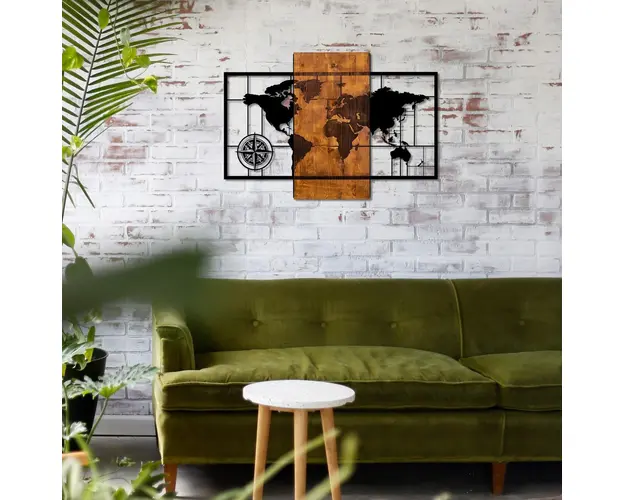 Decoratiune de perete, World Map With Compass, 50% lemn/50% metal, Dimensiune: 85 x 58 cm, Nuc / Negru