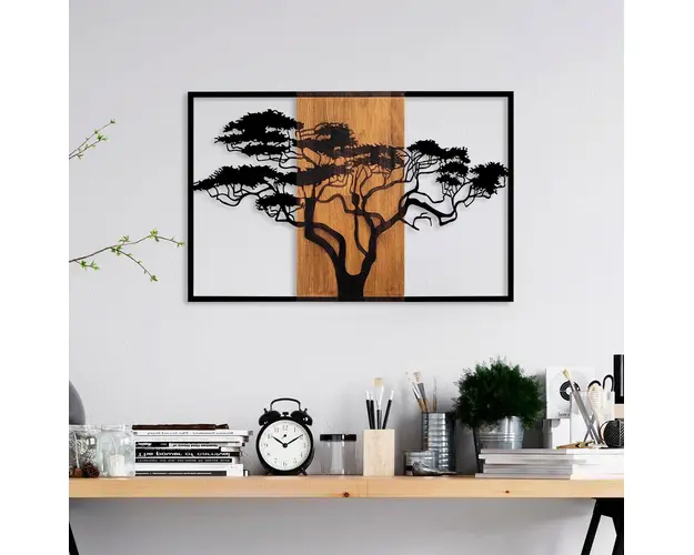 Decoratiune de perete, Acacia Tree, Lemn/metal, 90 x 58 cm, Nuc / Negru