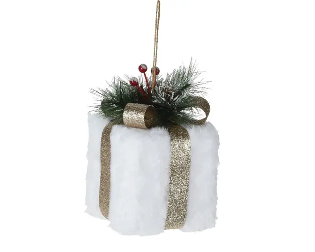 Decoratiune Gift box, 10x16 cm, poliester, alb/auriu