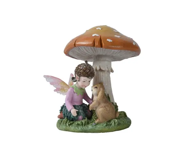 Decoratiune Girl and bunny under mushroom, Decoris, 14.5x12.5x15 cm, polirasina, multicolor