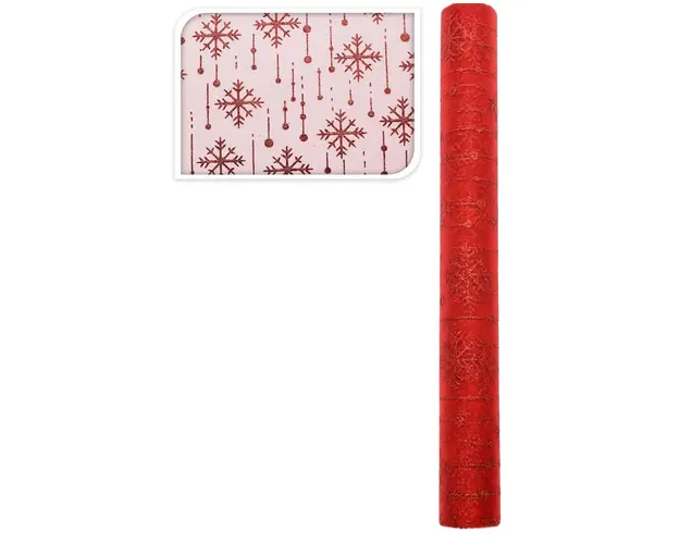 Decoratiune Glitter rain of snowflake, 36.5x200 cm, poliamida, rosu