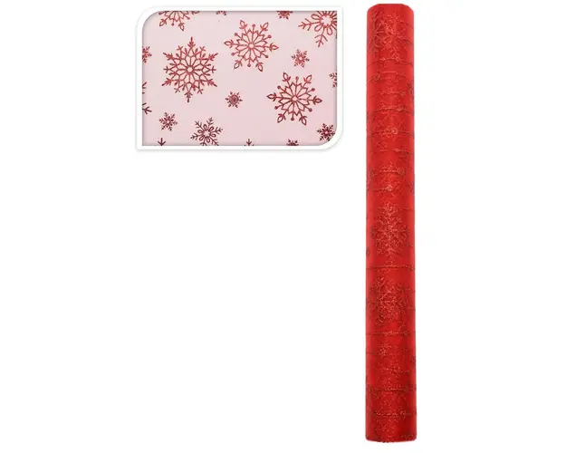 Decoratiune Glitter snowflake, 36.5x200 cm, poliamida, rosu
