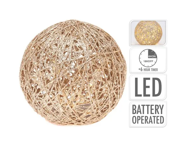 Decoratiune luminoasa Ball, 15x15x14 cm, rafie, auriu