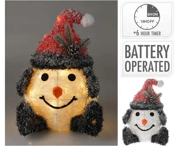 Decoratiune luminoasa cu 20 LED-uri Snowman w red hat v2, cu baterii, 30x33x40 cm, poliester, multicolor