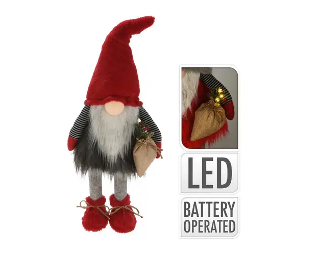 Decoratiune luminoasa Gnome w red hat, 26x26x65 cm, plus, rosu/gri