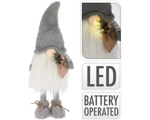 Decoratiune luminoasa Gnome w white hat, 18x22x53 cm, plus, alb/gri