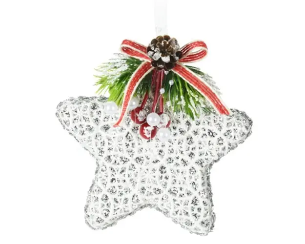 Decoratiune Star w canvas pattern, 11x4.5x11 cm, poliester, alb/argintiu