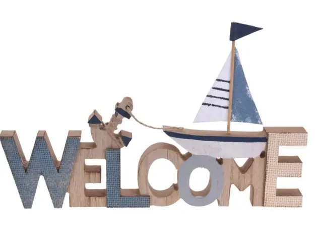 Decoratiune Welcome, 30x2x19 cm, lemn, albastru deschis