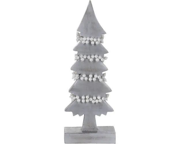Decoratiune Xmas Tree w pearls , 13x6x31 cm, lemn de mango, alb/argintiu