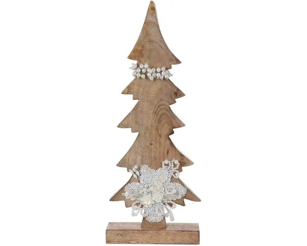 Decoratiune Xmas Tree w pearls , 17x5.8x43 cm, lemn de mango, alb/bej