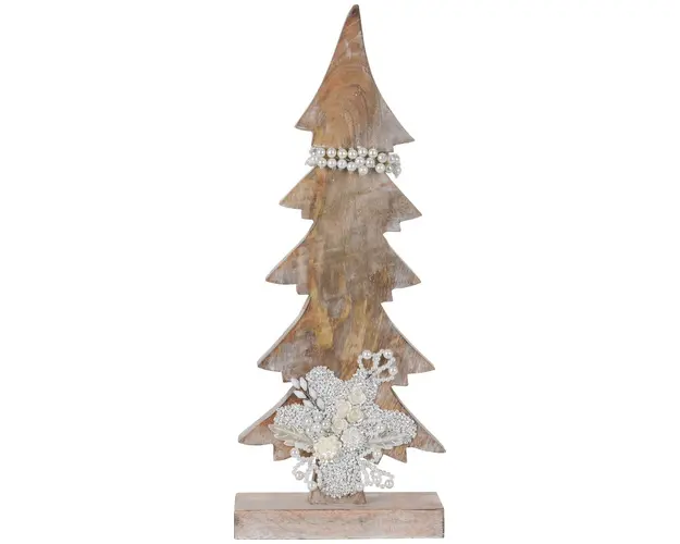 Decoratiune Xmas Tree w pearls , 17x5.8x43 cm, lemn de mango, alb/crem