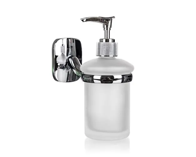 Dispenser sapun lichid, Brilanz, 5.5x5.5x15 cm, fixare pe perete, sticla/metal