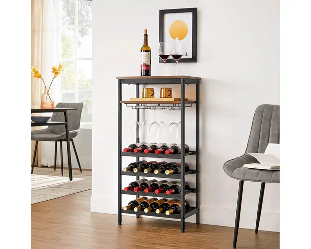 Dulap pentru sticle de vin Vasagle, 20 sticle, 50 x 32 x 100 cm, PAL/otel, maro rustic/negru