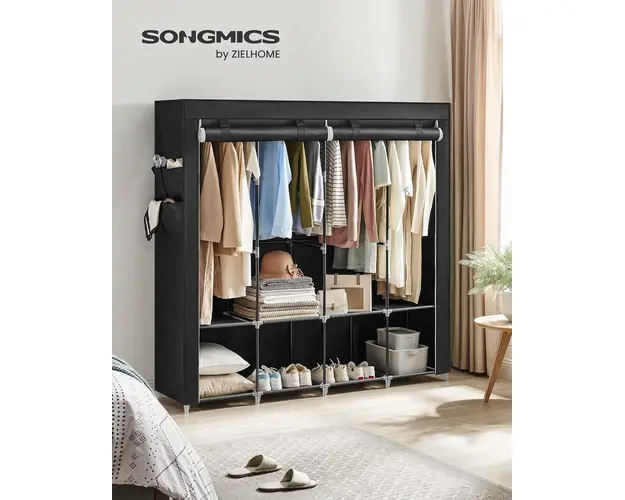 Dulap textil pentru haine Vasagle, 170x45x167 cm, material netesut/otel, negru