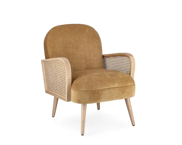 Fotoliu Dalida, Bizzotto, 65 x 74 x 81 cm, lemn de pin/ratan/catifea, galben mustar