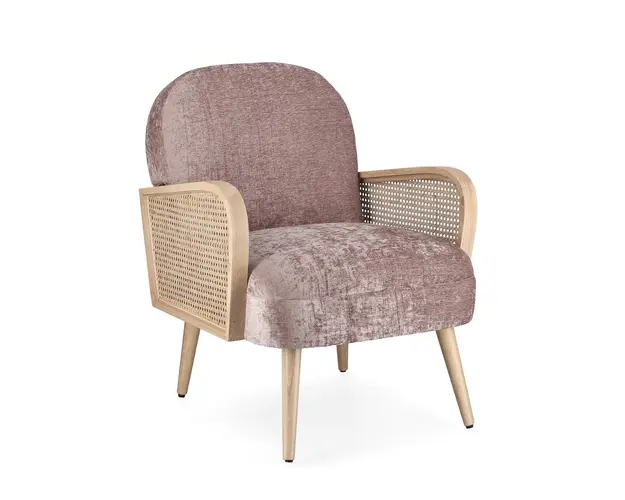 Fotoliu Dalida, Bizzotto, 65 x 74 x 81 cm, lemn de pin/ratan/catifea, roz vintage