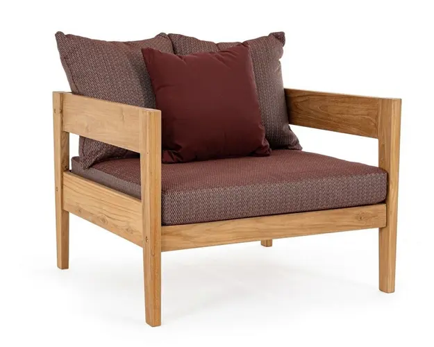 Fotoliu pentru gradina/terasa Kobo, Bizzotto, 90 x 90 x 79 cm, lemn de tec certificat Fsc/tesatura olefin, rosu wine