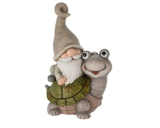 Decoratiune de gradina Gnome and turtle, 28x20x43 cm, oxidat de magneziu
