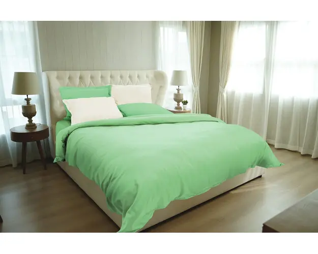 Lenjerie de pat, 2 persoane, 100% Bambus, 6 piese, 200x220 cm, Verde/Ivory