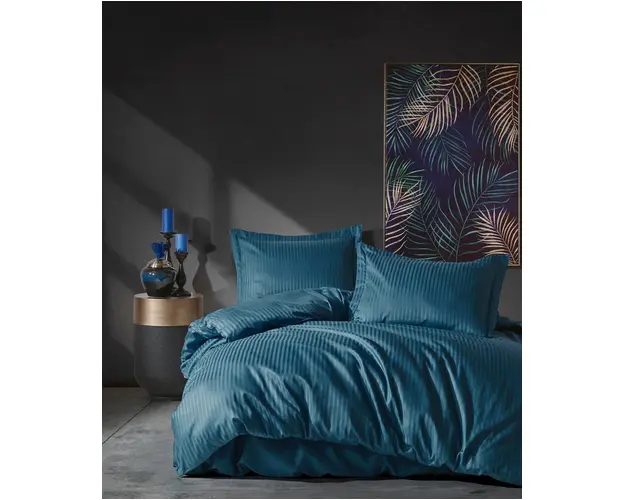 Lenjerie de pat dubla, 4 piese, 200x220 cm, 100% bumbac satinat, Cotton Box, Elegant, albastru