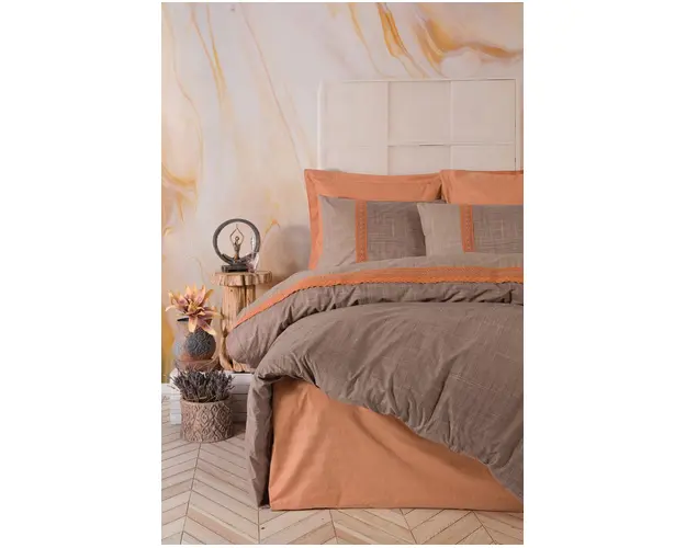 Lenjerie de pat dubla, 6 piese, 200x220 cm, 100% bumbac ranforce, cu detalii brodate, Cotton Box, Hazel, rosu caramiziu