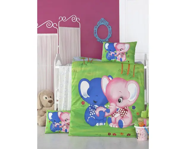 Lenjerie de pat pentru copii, Victoria, Elephant, 4 piese, 100% bumbac ranforce, verde/albastru