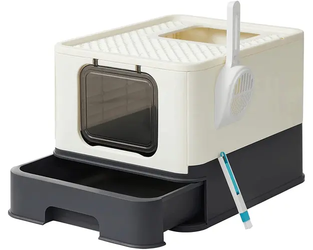 Litiera cu capac pentru pisici, Feandrea, cu 2 iesiri, 54.3 x 42.5 x 37.8 cm, max 15 kg, bej