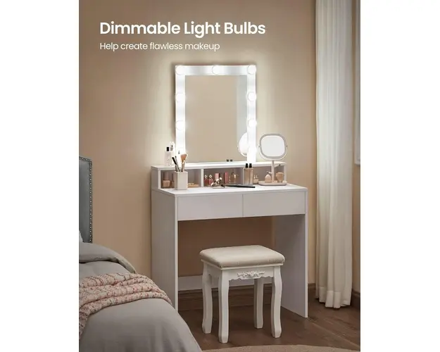 Masa de toaleta / machiaj cu oglinda si iluminare LED, Vasagle, 80 x 40 x 145 cm, PAL/sticla, alb