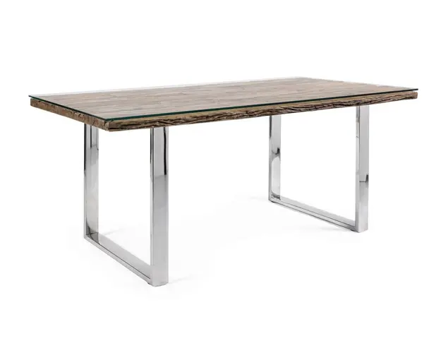 Masa Stanton, Bizzotto, 180x90x76 cm, 8 locuri, lemn reciclat/sticla temperata/inox