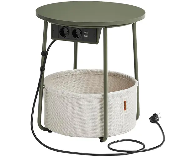 Masuta cu cos textil, priza si USB, Vasagle, 45x50 cm, max 35 kg, PAL/otel, verde padure/crem